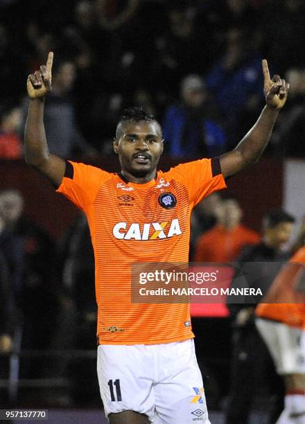 Nikao of Brazil's Atletico Paranaense celebrates after scoring against Argentina's Newell's Old Boys during their Copa Sudamericana 2018 football...