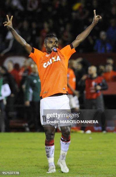 Nikao of Brazil's Atletico Paranaense celebrates after scoring against Argentina's Newell's Old Boys during their Copa Sudamericana 2018 football...