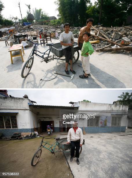 This combo shows an image taken on May 22, 2008 of Yang Jian , the 52 years old, sitting on a bicycle with his neighbours as his house which was...