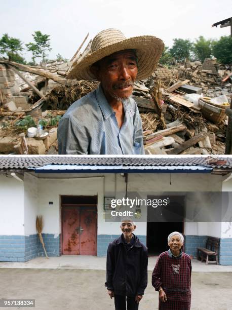 This combo shows an image taken on May 22, 2008 of Yang Heping, then 70 years old, standing in front of his house damaged in the 2008 Sichuan...