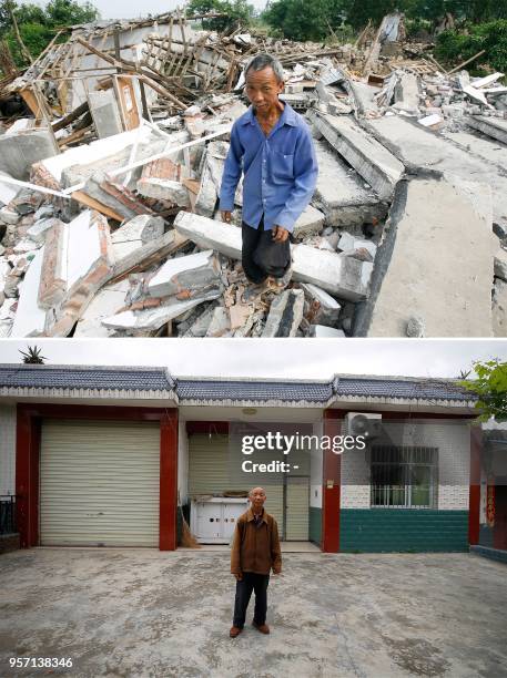 This combo shows an image taken on May 22, 2008 of Xie Zhigui, then 52 years old, walking on his house destroyed in the 2008 Sichuan earthquake in...