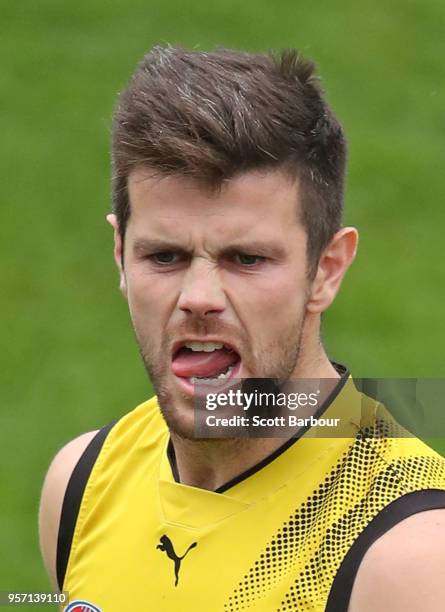 Trent Cotchin of the Tigers looks on during a Richmond Tigers AFL training session at Punt Road Oval on May 11, 2018 in Melbourne, Australia.