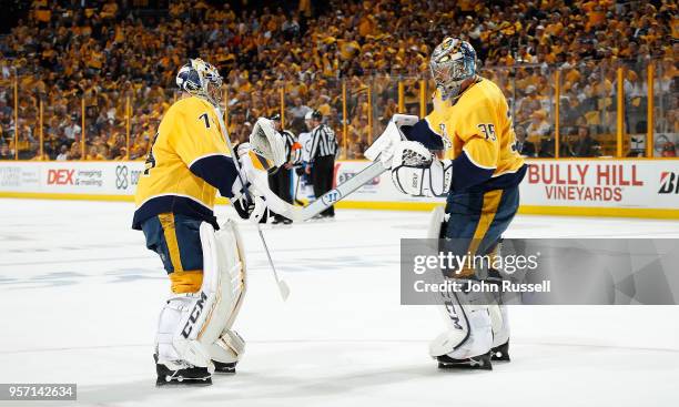 Juuse Saros replaces Pekka Rinne of the Nashville Predators in net during the first period of Game Seven of the Western Conference Second Round...