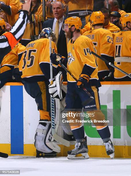 Goalie Pekka Rinne of the Nashville Predators goes to the bench after giving up two early goals to the Winnipeg Jets during the first period in Game...