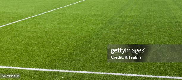 white stripe on the green soccer field from top view - football field bildbanksfoton och bilder