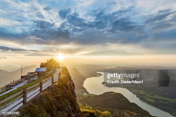 lake mondsee at sunset from schafbergspitze - sunset at mount schafberg, - vocklabruck stock pictures, royalty-free photos & images