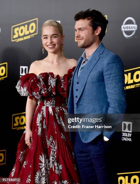 Emilia Clarke and Alden Ehrenreich attend the premiere of Disney Pictures and Lucasfilm's "Solo: A Star Wars Story" at the El Capitan Theatre on May...