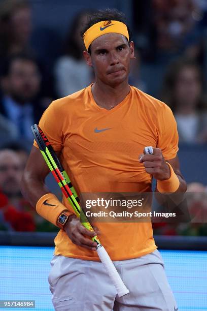 Rafael Nadal of Spain reacts during his match against Diego Schwartzman of Argentina during day six of the Mutua Madrid Open at La Caja Magica on May...