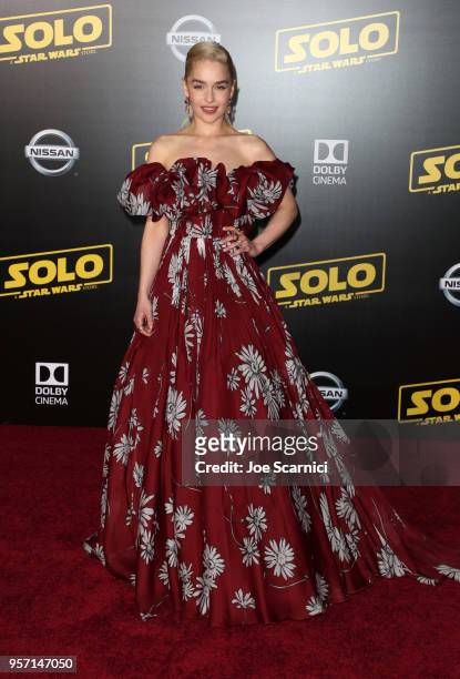 Emilia Clarke attends the premiere of Disney Pictures and Lucasfilm's "Solo: A Star Wars Story" at the El Capitan Theatre on May 10, 2018 in...
