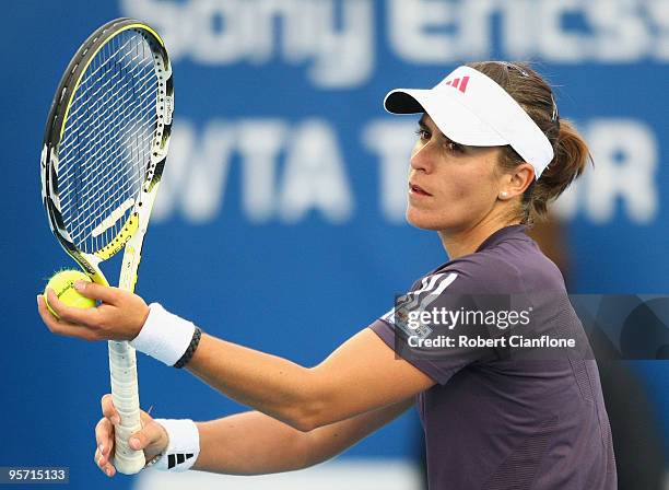 Anabel Medina Garrigues of Spain serves in her second round singles match against Alla Kudryavtseva of Russia during day five of the Moorilla Hobary...