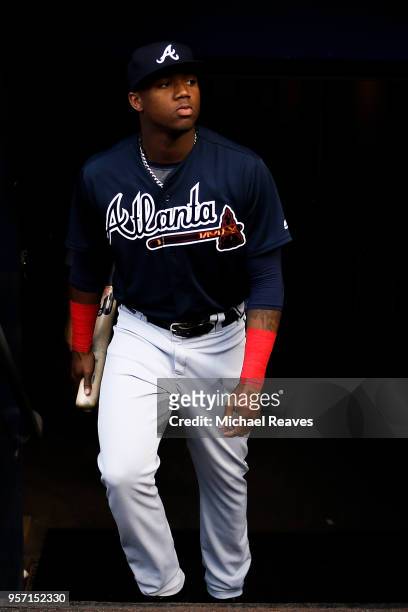 Ronald Acuna Jr. #13 of the Atlanta Braves walks out the tunnel before the game against the Miami Marlins at Marlins Park on May 10, 2018 in Miami,...