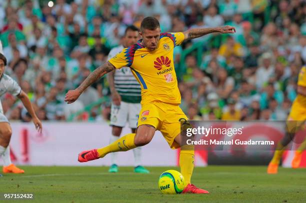 Jeremy Menez of America takes a penalty kick during the semifinals first leg match between Santos Laguna and America as part of the Torneo Clausura...