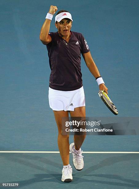Anabel Medina Garrigues of Spain celebrates her win in her second round singles match against Alla Kudryavtseva of Russia during day five of the...
