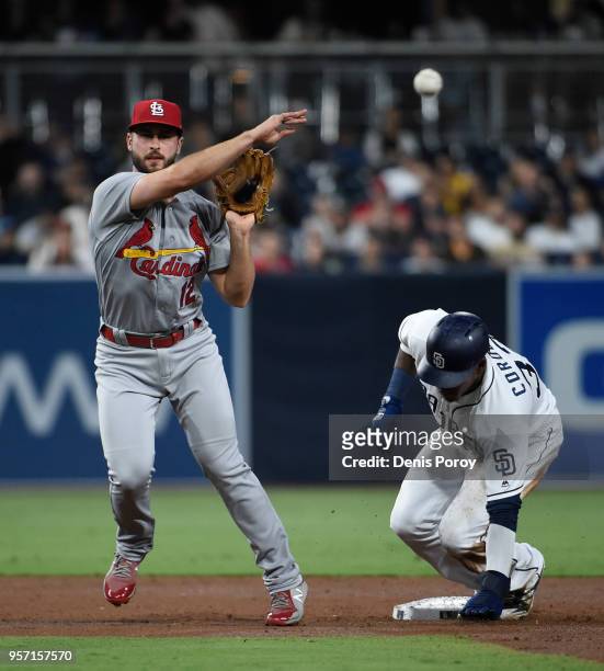 Paul DeJong of the St. Louis Cardinals throws over Franchy Cordero of the San Diego Padres but can't turn a double play during the second inning of a...