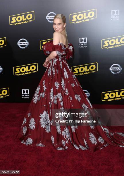 Emilia Clarke attends the premiere of Disney Pictures and Lucasfilm's "Solo: A Star Wars Story" at the El Capitan Theatre on May 10, 2018 in...