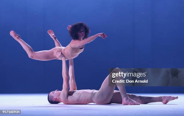 Izaac Carroll and Janessa Dufty perform during a media preview of Sydney Dance Company's new show 'ab [intra]' at Roslyn Packer Theatre on May 11,...