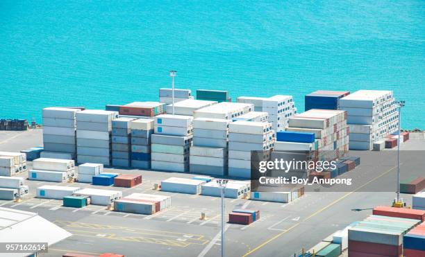 group of container box in napier port of hawke's bay region of new zealand. - views from the port of halifaxs fairview cove container terminal ahead of gross domestic product data stockfoto's en -beelden