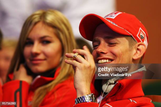 Casey Stoner of Australia and his wife Adriana follow a Wrooom press conference on January 12, 2010 in Madonna di Campiglio, Italy.