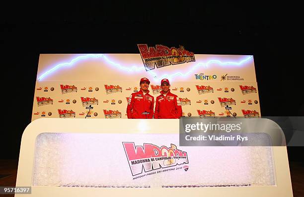 Casey Stoner of Australia and his team mate Nicky Hayden of the USA pose for a photo ahead a Wrooom press conference on January 12, 2010 in Madonna...
