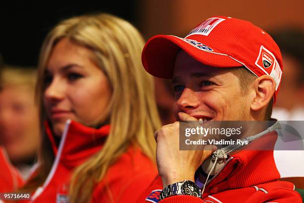 Casey Stoner of Australia his wife Adriana follow a Wrooom press conference on January 12, 2010 in Madonna di Campiglio, Italy.
