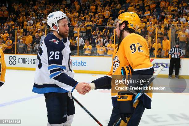 Ryan Johansen of the Nashville Predators congratulates Blake Wheeler of the Winnipeg Jets after a 5-1 Jets Victory in Game Seven of the Western...