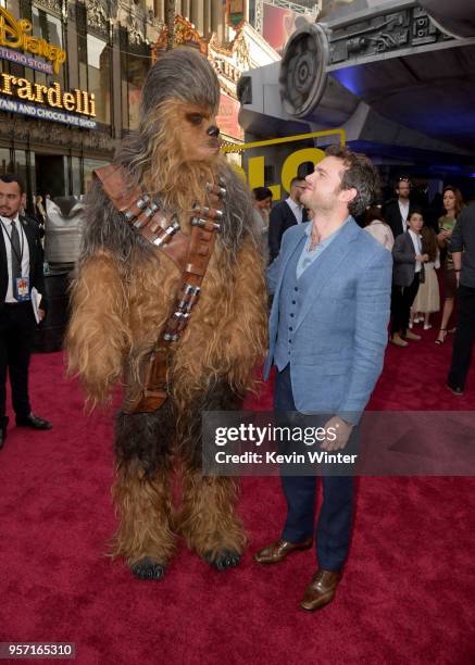 Chewbacca and Alden Ehrenreich attend the premiere of Disney Pictures and Lucasfilm's "Solo: A Star Wars Story" at the El Capitan Theatre on May 10,...