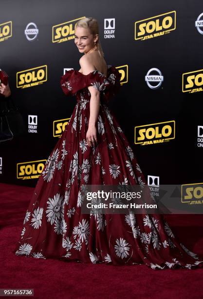 Emilia Clarke attends the Premiere Of Disney Pictures And Lucasfilm's "Solo: A Star Wars Story" - Arrivals on May 10, 2018 in Los Angeles, California.