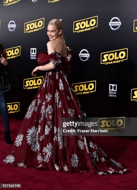Emilia Clarke attends the Premiere Of Disney Pictures And Lucasfilm's "Solo: A Star Wars Story" - Arrivals on May 10, 2018 in Los Angeles, California.