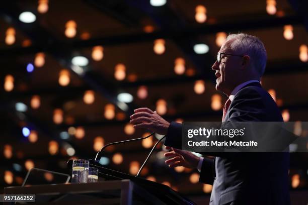 Prime Minister Malcolm Turnbull addresses guests at the NSW Federal Budget Lunch at the Sofitel Wentworth Sydney on May 11, 2018 in Sydney,...