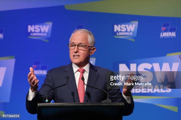 Prime Minister Malcolm Turnbull addresses guests at the NSW Federal Budget Lunch at the Sofitel Wentworth Sydney on May 11, 2018 in Sydney,...
