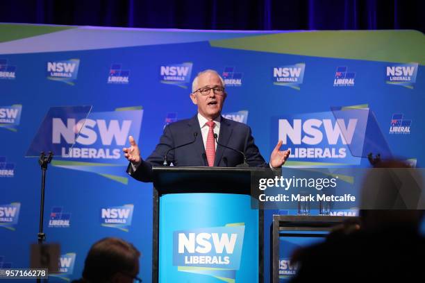 Prime Minister Malcolm Turnbull addresses guests at the NSW Federal Budget Lunch at the Sofitel Wentworth Sydney on May 11, 2018 in Sydney,...