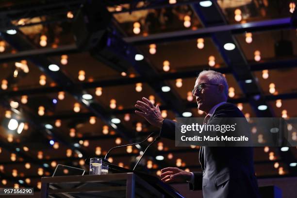 Prime Minister Malcolm Turnbull addresses guests at the NSW Federal Budget Lunch at the Sofitel Wentworth Sydney on May 11, 2018 in Sydney,...