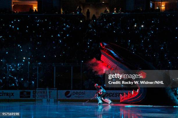 Martin Jones of the San Jose Sharks skates out from the shark's head during pregame introductions against the Vegas Golden Knights in Game Six of the...