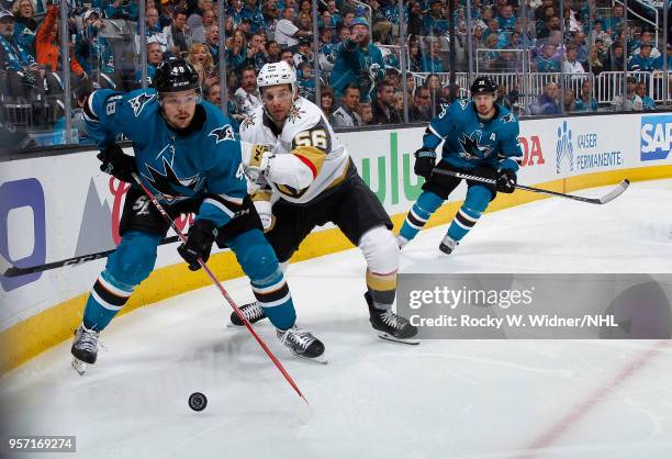 Tomas Hertl of the San Jose Sharks skates with the puck against Erik Haula of the Vegas Golden Knights in Game Six of the Western Conference Second...