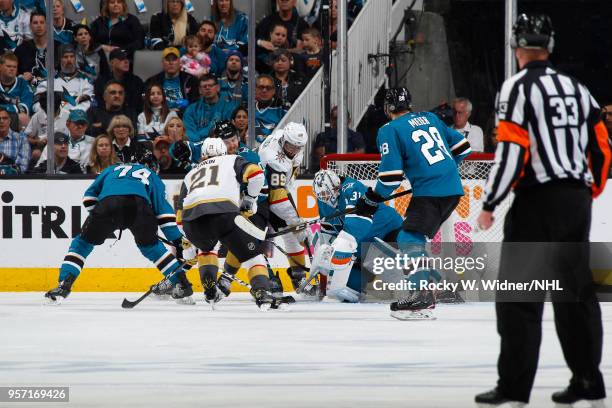 Martin Jones of the San Jose Sharks defends the net against Alex Tuch of the Vegas Golden Knights in Game Six of the Western Conference Second Round...