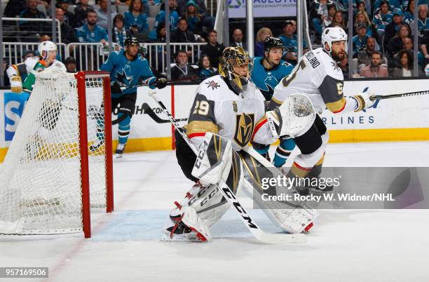 Marc-Andre Fleury of the Vegas Golden Knights defends the net against the San Jose Sharks in Game Six of the Western Conference Second Round during...