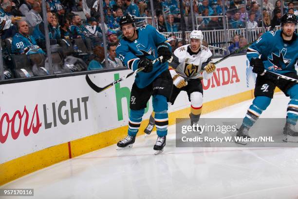 Justin Braun of the San Jose Sharks clears the puck against the Vegas Golden Knights in Game Six of the Western Conference Second Round during the...