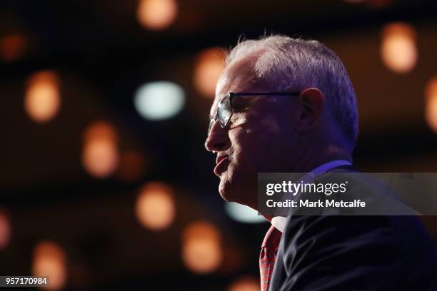 Prime Minister Malcolm Turnbull addresses guests at the NSW Federal Budget Lunch at the Sofitel Wentworth Sydney on May 11, 2018 in Sydney,...