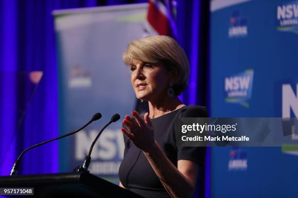 Minister for Foreign Affairs Julie Bishop addresses guests at the NSW Federal Budget Lunch at the Sofitel Wentworth Sydney on May 11, 2018 in Sydney,...