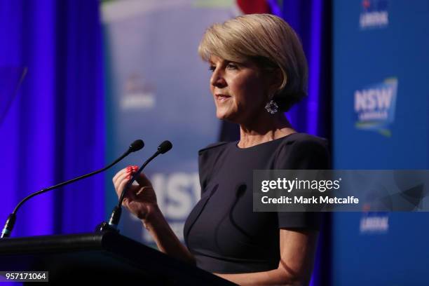 Minister for Foreign Affairs Julie Bishop addresses guests at the NSW Federal Budget Lunch at the Sofitel Wentworth Sydney on May 11, 2018 in Sydney,...