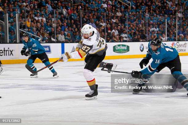 Shea Theodore of the Vegas Golden Knights skates against Eric Fehr of the San Jose Sharks in Game Six of the Western Conference Second Round during...