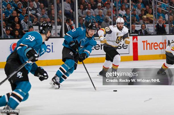 Timo Meier of the San Jose Sharks skates after the puck against the Vegas Golden Knights in Game Six of the Western Conference Second Round during...