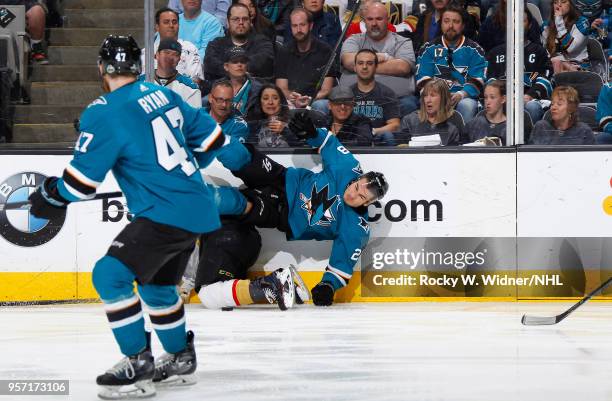 Timo Meier of the San Jose Sharks falls to the ice against the Vegas Golden Knights in Game Six of the Western Conference Second Round during the...