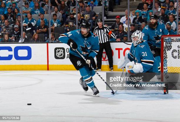 Marc-Edouard Vlasic and Martin Jones of the San Jose Sharks defend the net against the Vegas Golden Knights in Game Six of the Western Conference...