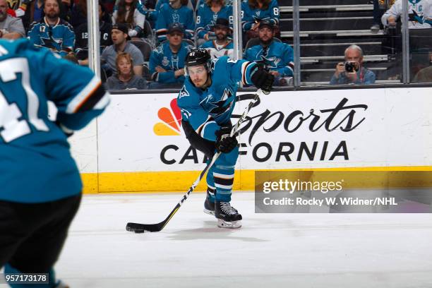 Justin Braun of the San Jose Sharks passes the puck against the Vegas Golden Knights in Game Six of the Western Conference Second Round during the...