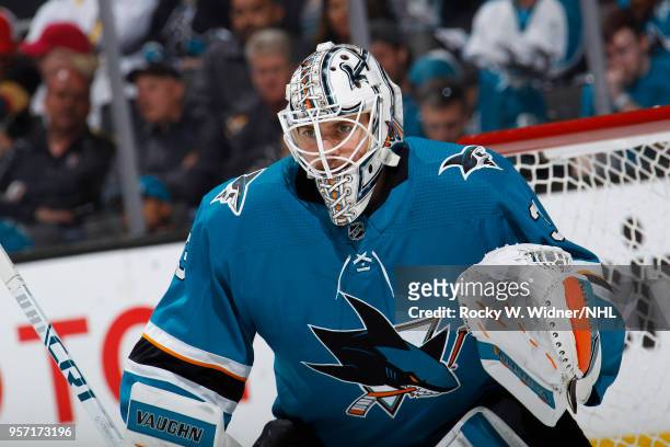 Martin Jones of the San Jose Sharks defends the net against the Vegas Golden Knights in Game Six of the Western Conference Second Round during the...