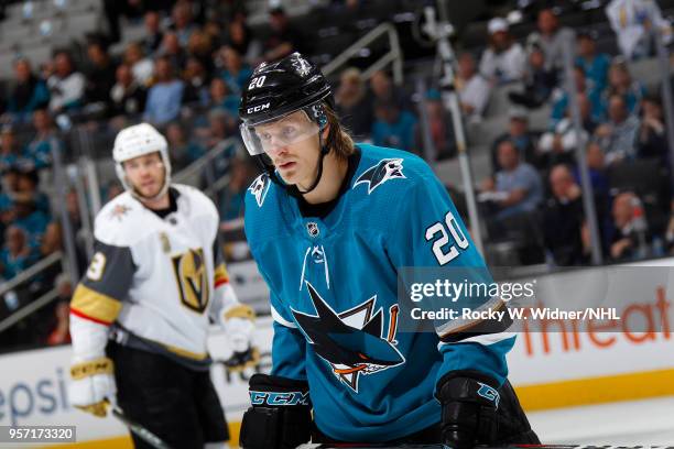 Marcus Sorensen of the San Jose Sharks looks on during the game against the Vegas Golden Knights in Game Six of the Western Conference Second Round...