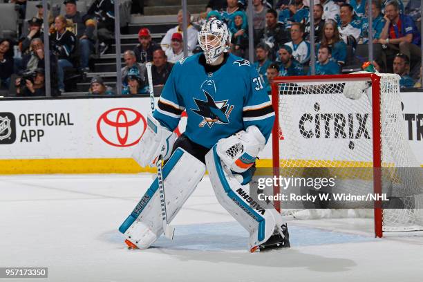 Martin Jones of the San Jose Sharks defends the net against the Vegas Golden Knights in Game Six of the Western Conference Second Round during the...