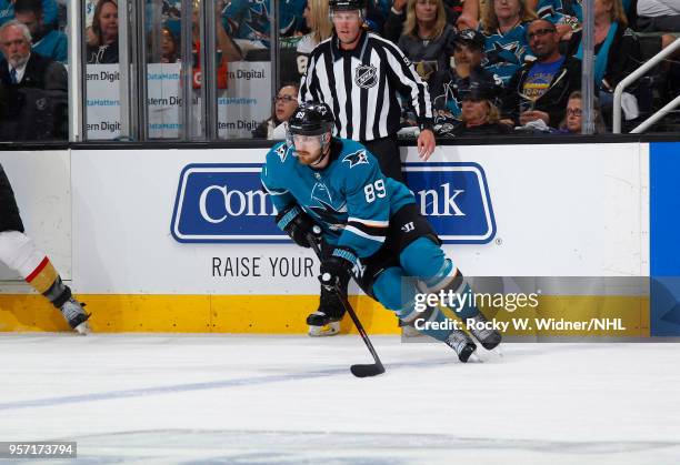 Mikkel Boedker of the San Jose Sharks skates with the puck against the Vegas Golden Knights in Game Six of the Western Conference Second Round during...