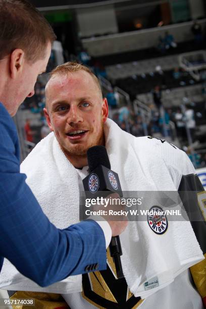 Nate Schmidt of the Vegas Golden Knights speaks with media after defeating the San Jose Sharks in Game Six of the Western Conference Second Round...